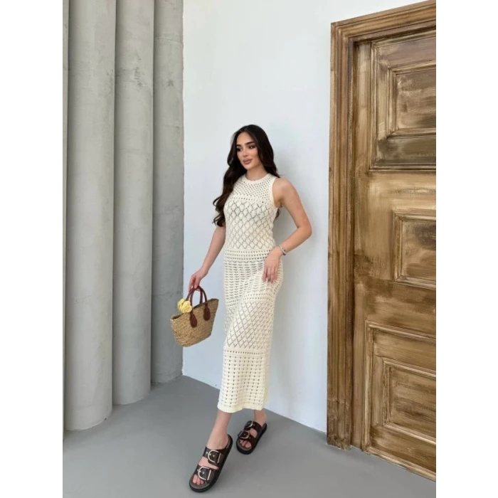 Kadın Kolsuz Kuş Gözü Teday Full Transparan Maxi Boy Elbise