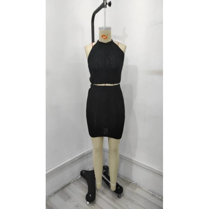 Kadın Kolsuz Mini Erer Crop İkili Triko Takım