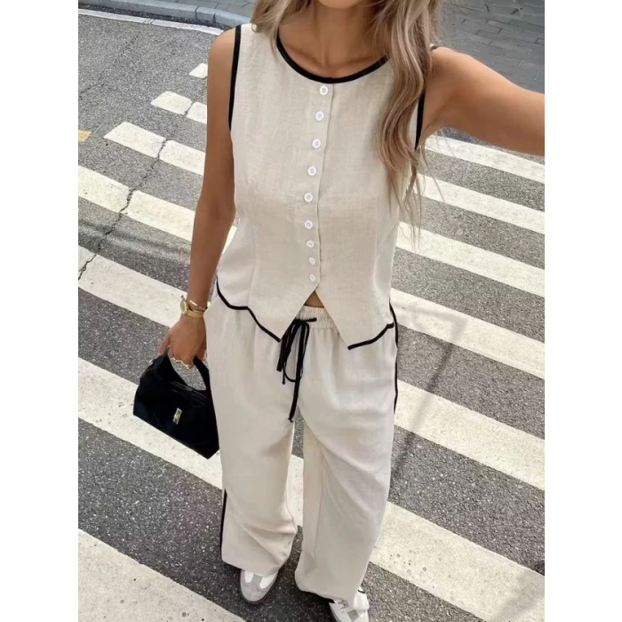 Kadın Kolsuz Önü Düğmeli Yelek Ve Pantolon İkili Takım