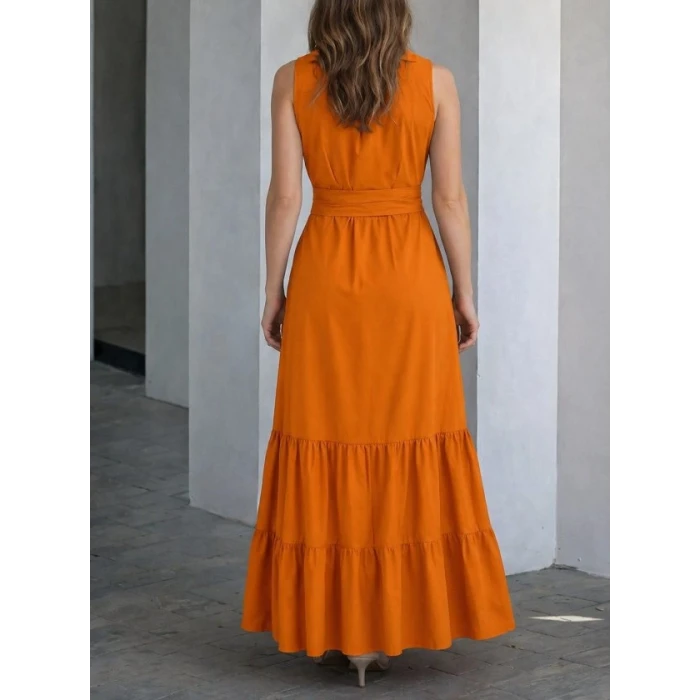 Kadın Kolsuz Yaka Onu Düğmeli Belden Kuşaklı Uzun Trikoton Elbise