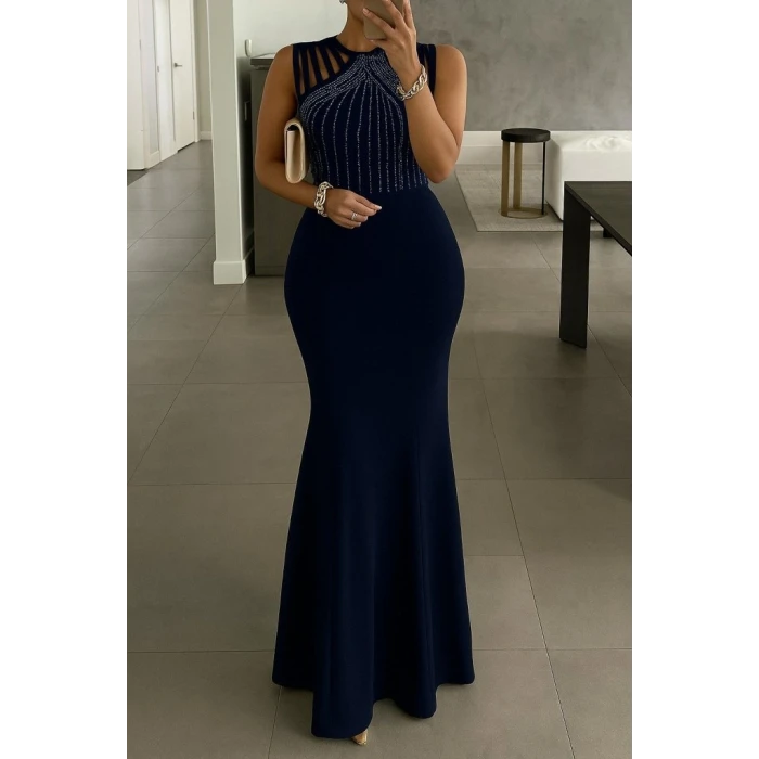 Kadın Omuz Çoklu Askılı Önü Taş İşlemeli Balık Kesim Janjan Krep Maxi Boy Elbise