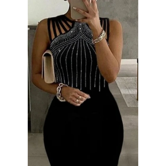 Kadın Omuz Çoklu Askılı Önü Taş İşlemeli Balık Kesim Janjan Krep Maxi Boy Elbise