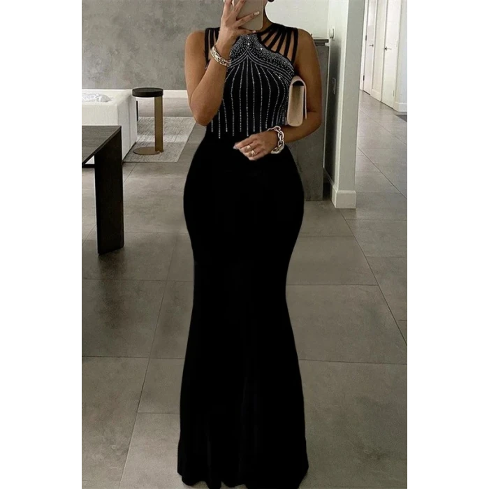 Kadın Omuz Çoklu Askılı Önü Taş İşlemeli Balık Kesim Janjan Krep Maxi Boy Elbise