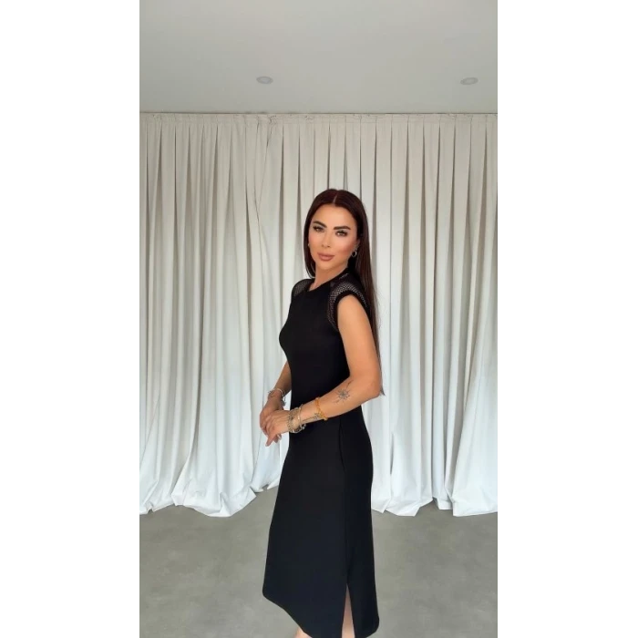 Kadın Omuz File Detay Iki Yandan Yırtmaç Detay Yanları Yırtmaçlı Midi Boy Elbise