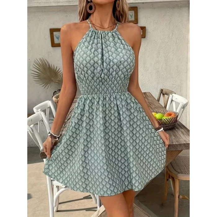 Kadın Omuzlardan Açık Boyun Arkasından Bağcıklı Beli Lastikli Kısa Süprem Elbise