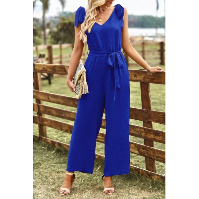 Kadın Omuzlardan Bağlamalı V Yakalı Beli Kuşaklı Aerobin Tulum