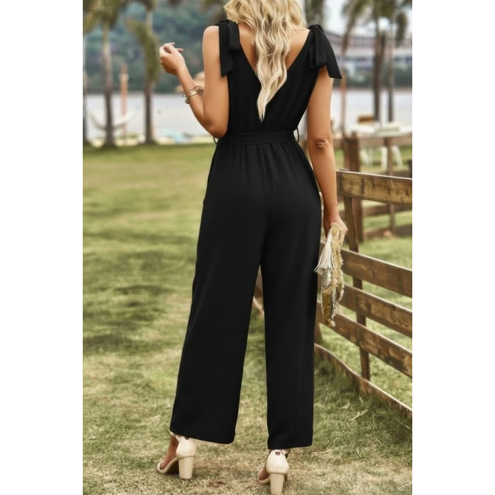 Kadın Omuzlardan Bağlamalı V Yakalı Beli Kuşaklı Aerobin Tulum