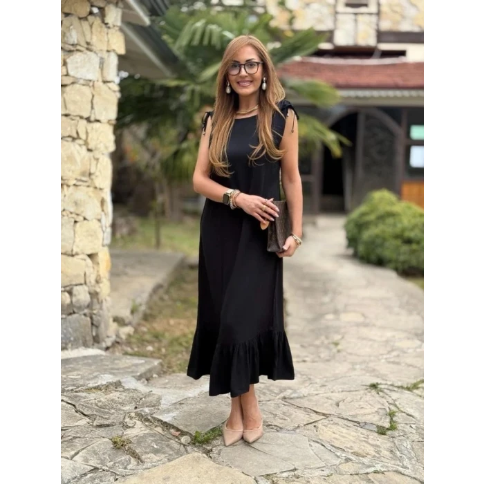 Kadın Omuzlardan Büzgülü Kayık Yaka Fırfırlı Janjan Krep Elbise
