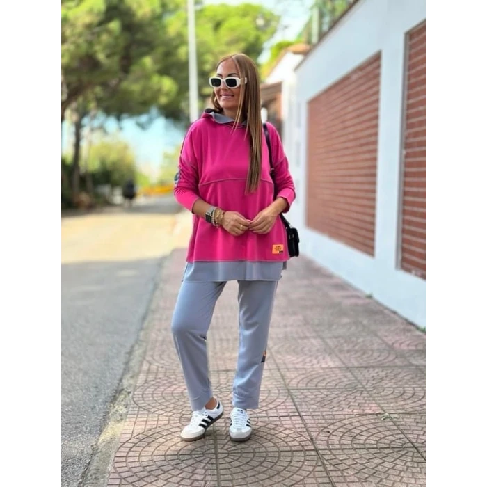 Kadın Pembe Kapşonlu Etek Ucu Detay Arma Ters Dikiş Gorunumlu İkili Takım
