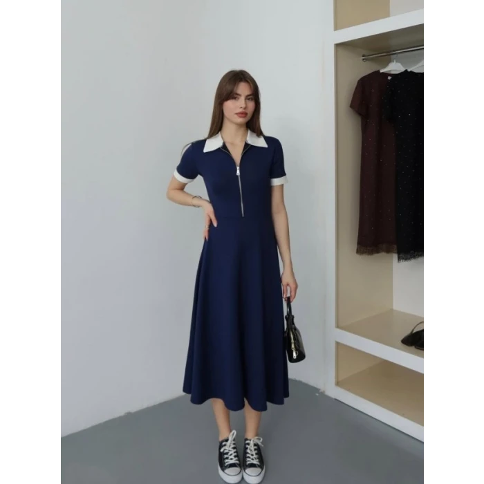 Kadın Polo Yaka Fermuar Detaylı Modal Midi Elbise