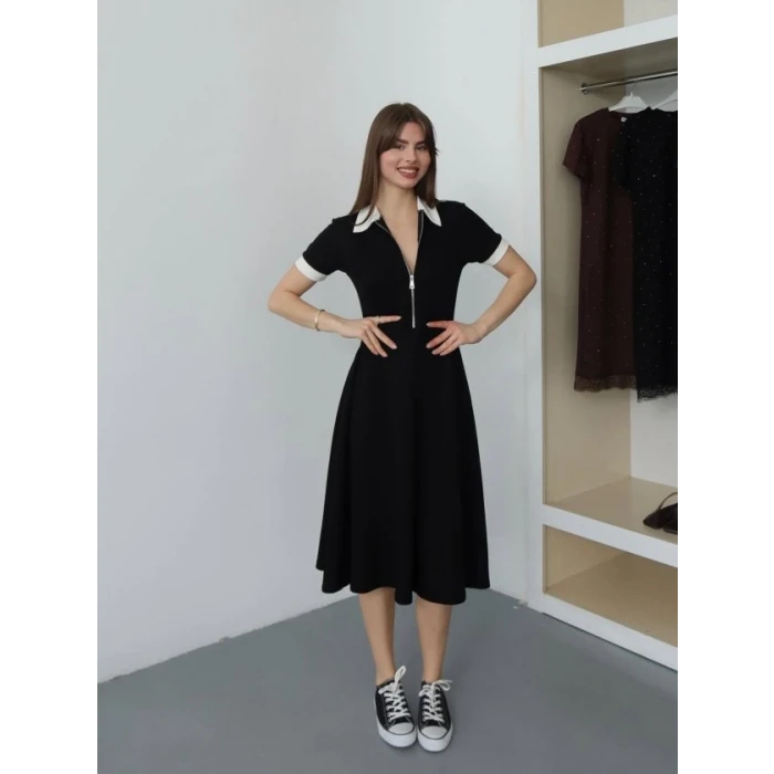 Kadın Polo Yaka Fermuar Detaylı Modal Midi Elbise
