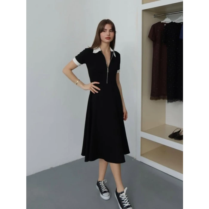 Kadın Polo Yaka Fermuar Detaylı Modal Midi Elbise