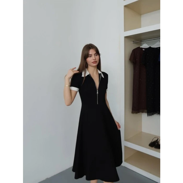 Kadın Polo Yaka Fermuar Detaylı Modal Midi Elbise