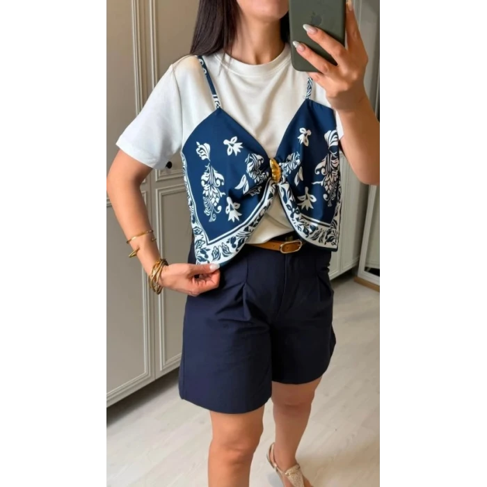 Kadın Şal Desen Detay Bluz Ve Keten Şort İkili Takım