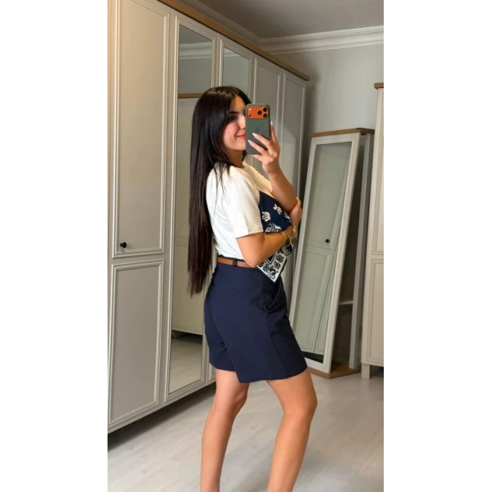 Kadın Şal Desen Detay Bluz Ve Keten Şort İkili Takım