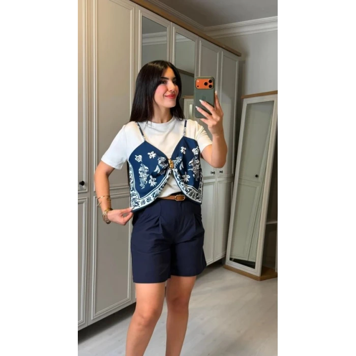 Kadın Şal Desen Detay Bluz Ve Keten Şort İkili Takım