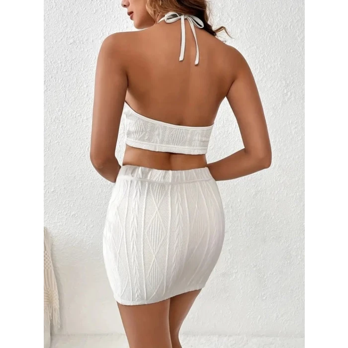 Kadın Sıfır Kol Crop Mini Etek İkili Triko Takım