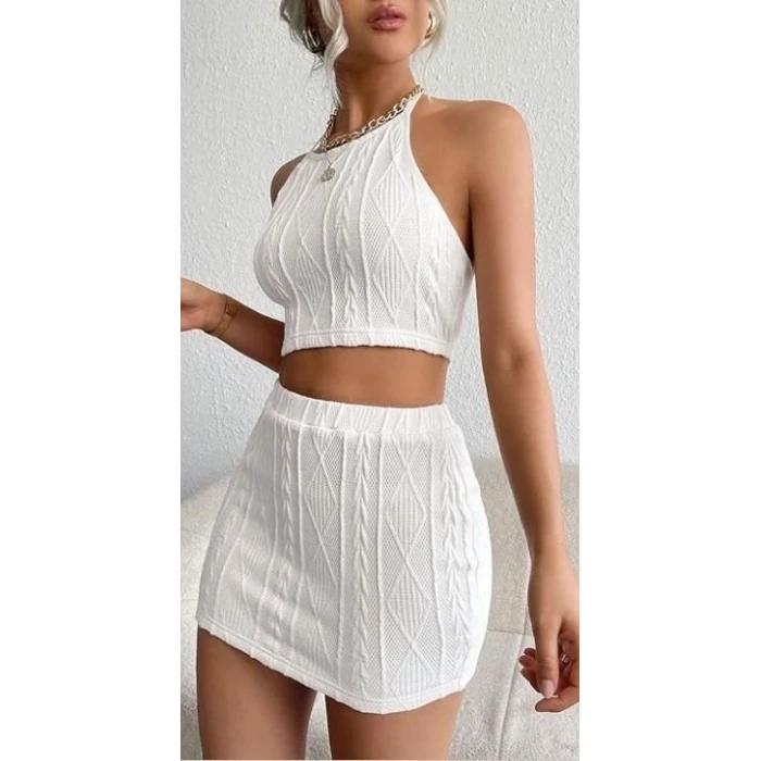Kadın Sıfır Kol Crop Mini Etek İkili Triko Takım