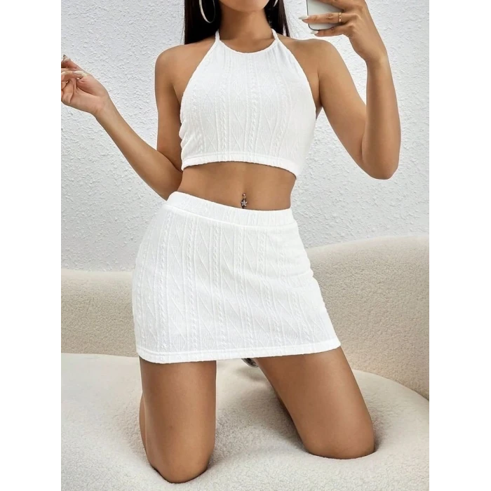 Kadın Sıfır Kol Crop Mini Etek İkili Triko Takım