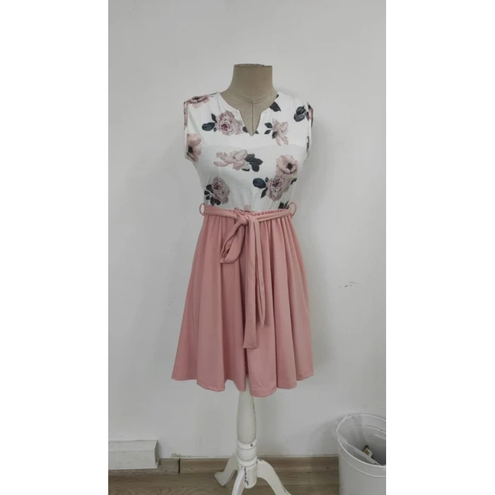 Kadın Sıfır Kollu V Yakalı Çiçek Baskılı Beli Kuşaklı Dalgıç Elbise