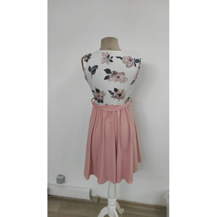 Kadın Sıfır Kollu V Yakalı Çiçek Baskılı Beli Kuşaklı Dalgıç Elbise