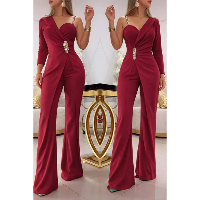 Kadın Tek Omuzdan Askılı Uzun Kollu Yakalı Yandan Çiçek Aksesuar Detaylı İthal Krep Tulum