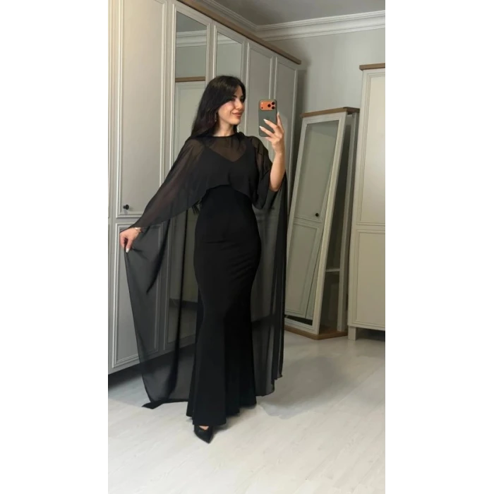 Kadın Transparan Pelerin Detay Askılı Maxi Boy Elbise