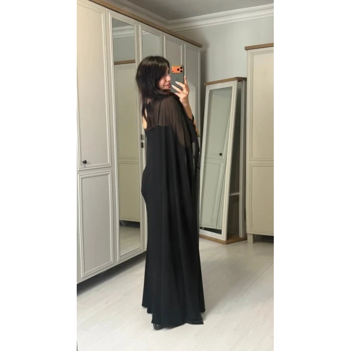 Kadın Transparan Pelerin Detay Askılı Maxi Boy Elbise