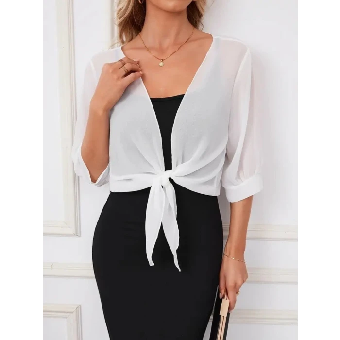Kadın Truvakar Kol Önden Bağlamalı Kısa Şifon Bolero Ceket