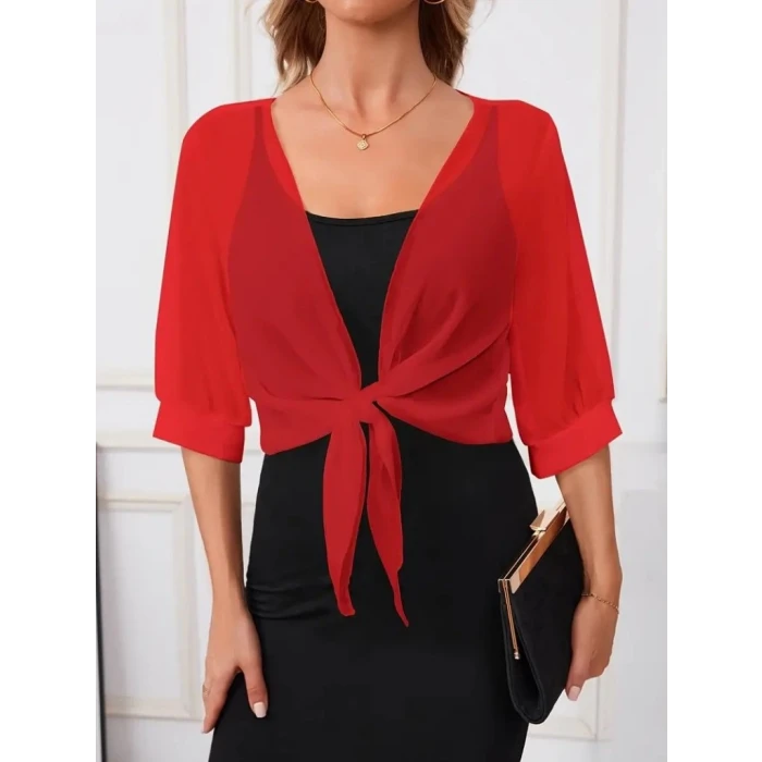 Kadın Truvakar Kollu Önden Bağlamalı Kısa Şifon Bolero Ceket