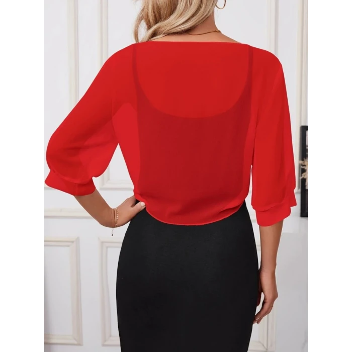 Kadın Truvakar Kollu Önden Bağlamalı Kısa Şifon Bolero Ceket