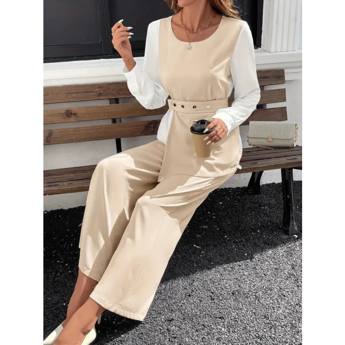 Kadın Uzun Kollu Açık Yakalı Çift Renkli Kemerli İthal Krep İkili Takım
