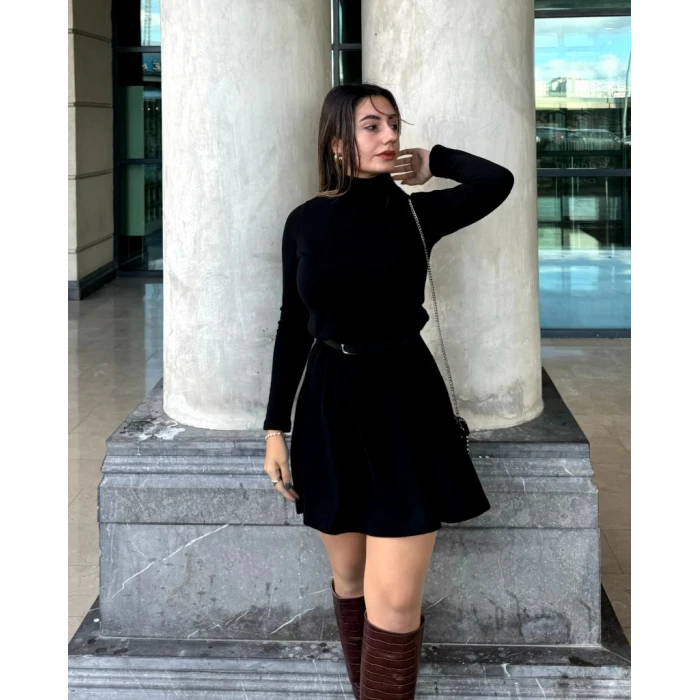 Kadın Uzun Kollu Balıkçı Yaka Salaş Kusa Akrilik Elbise