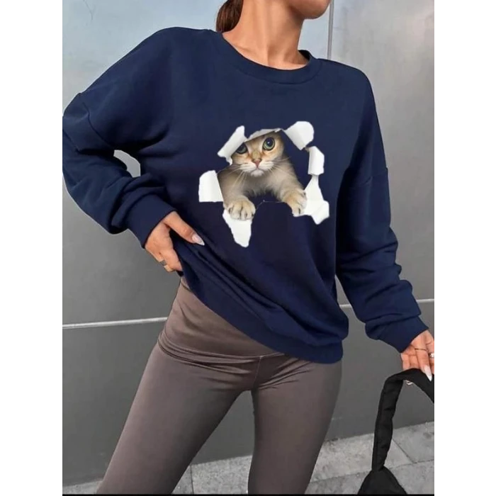 Kadın Uzun Kollu Bisiklet Yaka Kedi Desenli Viskon Iki Iplik Bluz