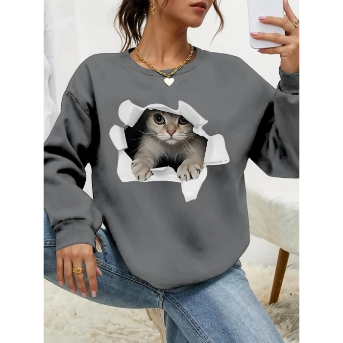Kadın Uzun Kollu Bisiklet Yaka Kedi Desenli Viskon Iki Iplik Bluz