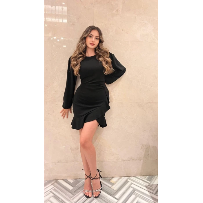 Kadın Uzun Kollu Bisiklet Yaka Önden Volanlı İthal Krep Elbise