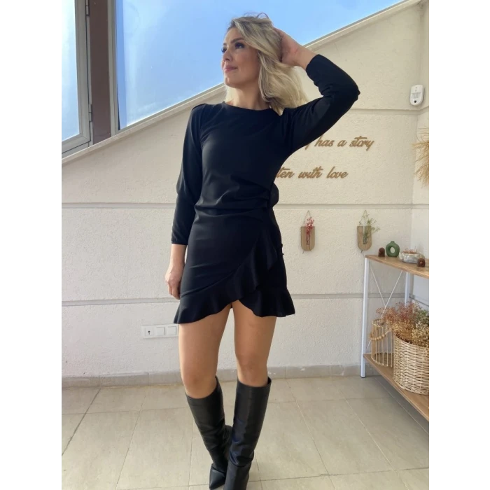 Kadın Uzun Kollu Bisiklet Yaka Önden Volanlı İthal Krep Elbise