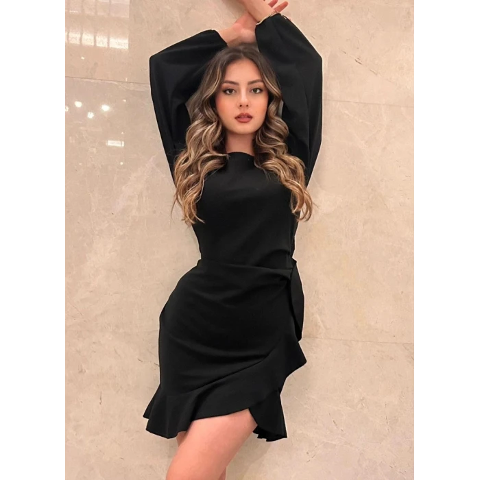Kadın Uzun Kollu Bisiklet Yaka Önden Volanlı İthal Krep Elbise