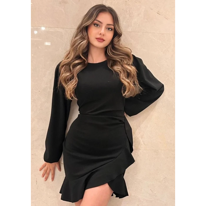 Kadın Uzun Kollu Bisiklet Yaka Önden Volanlı İthal Krep Elbise