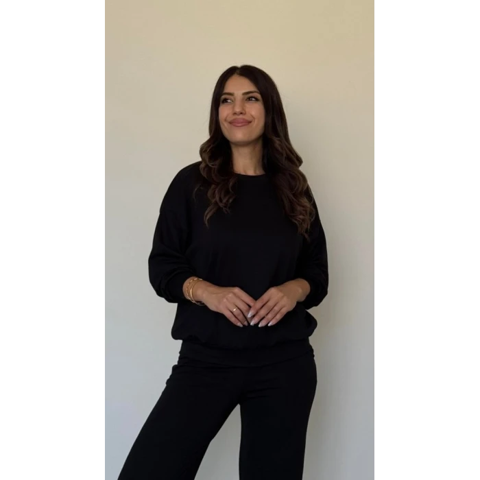 Kadın Uzun Kollu Bisiklet Yaka Viskon Iki Iplik Bluz Ve Pantolon İkili Takım