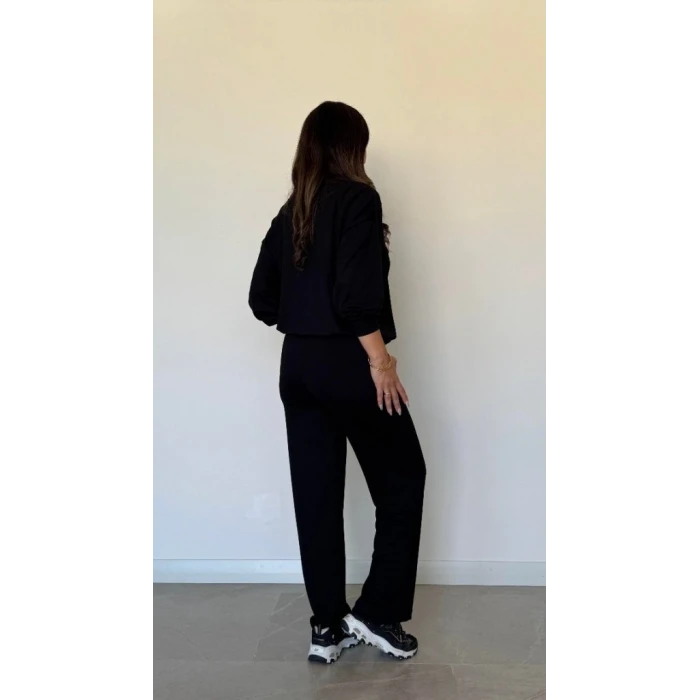 Kadın Uzun Kollu Bisiklet Yaka Viskon Iki Iplik Bluz Ve Pantolon İkili Takım