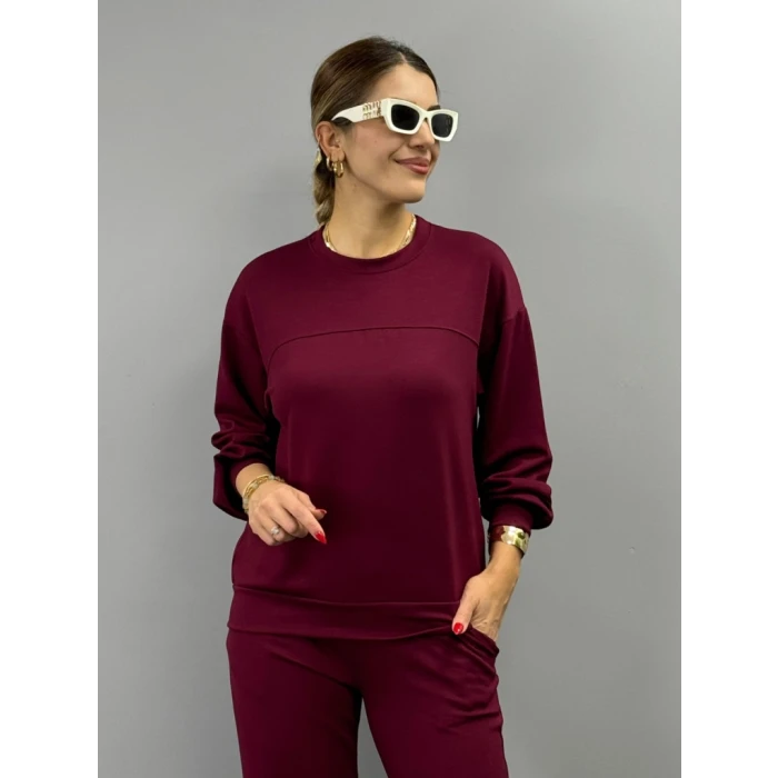 Kadın Uzun Kollu Bisiklet Yaka Viskon Iki Iplik Bluz Ve Pantolon İkili Takım