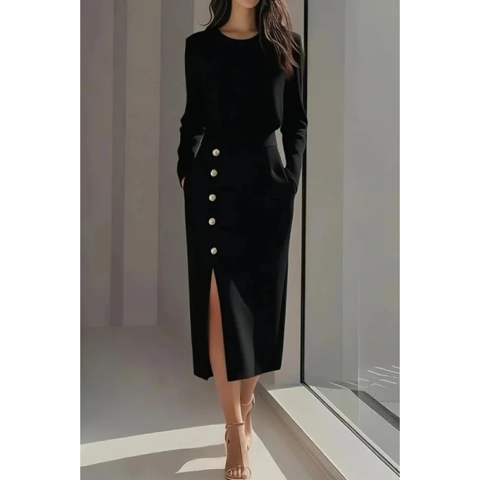 Kadın Uzun Kollu Bisiklet Yakalı Yandan Yırtmaçlı Düğmeli Midi İthal Krep Elbise