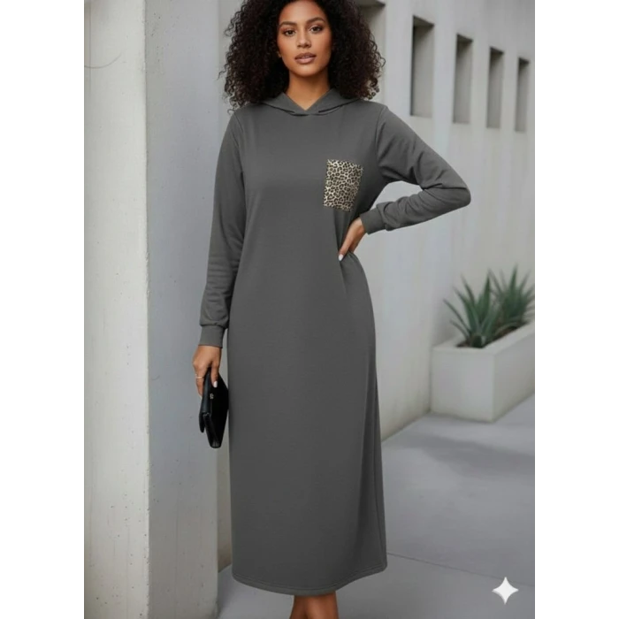 Kadın Uzun Kollu Kapşonlu Cep Detaylı Viskon Iki Iplik Maxi Elbise