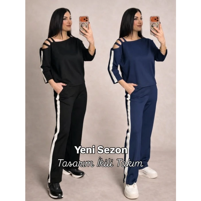 Kadın Uzun Kollu Kolu Tül Yanları Şerit Detay Modal İkili Takım