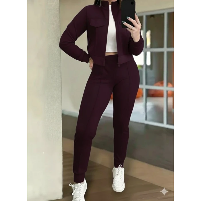 Kadın Uzun Kollu Önden Fermuarlı Kısa Modal Mor Ceket Ve Pantolon İkili Takım