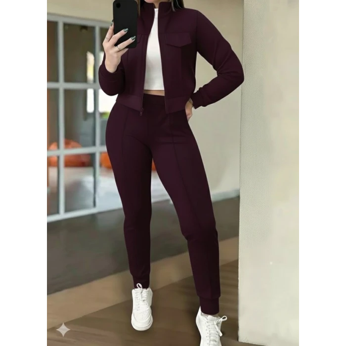 Kadın Uzun Kollu Önden Fermuarlı Kısa Modal Mor Ceket Ve Pantolon İkili Takım