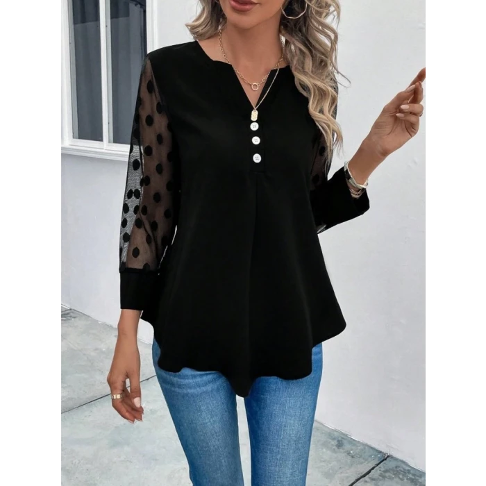 Kadın Uzun Kollu Yakadan Düğmeli Kolları Tül Detaylı Viskon Bluz