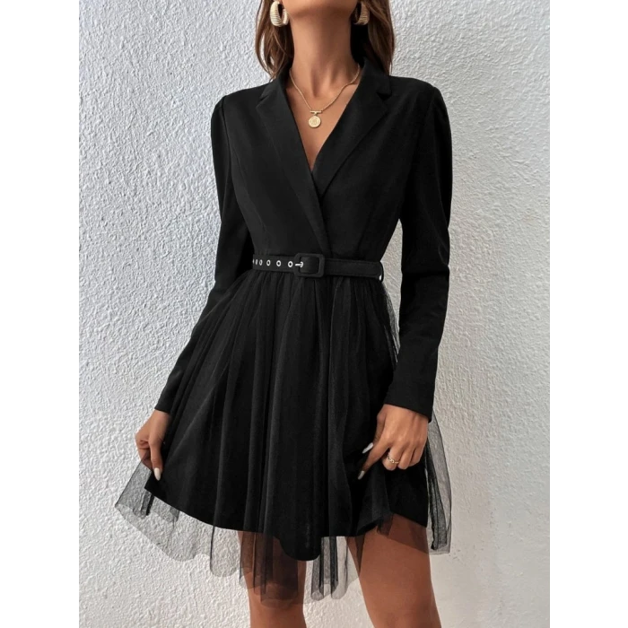 Kadın Uzun Kollu Yakalı Belinde Kemer Detaylı Mini Tüllü İthal Krep Elbise