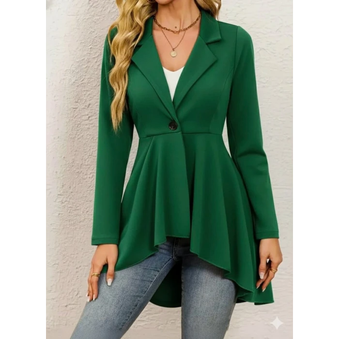 Kadın Uzun Kollu Yakalı Önden Düğmeli Uzun Atlas Blazer Ceket
